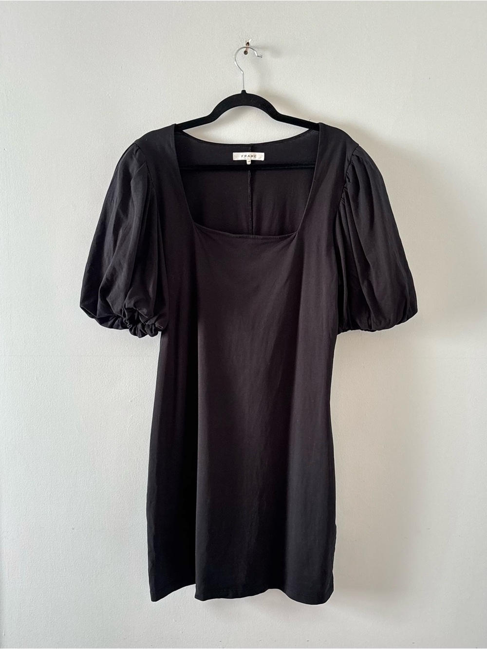 Frame Nina Knit Dress Jersey Scoop Neck Puff Sleeve Mini Lightweight Black